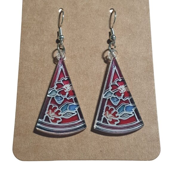 Handmade Red Blue Floral Patterned Acrylic Dangle Earrings Stained Glass Look - Picture 2 of 4